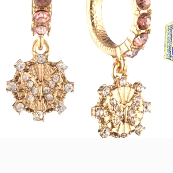 NWT Marchesa Gold-Tone Pave Butterfly Charm Pink Crystal Hoop Earrings - Picture 2 of 6